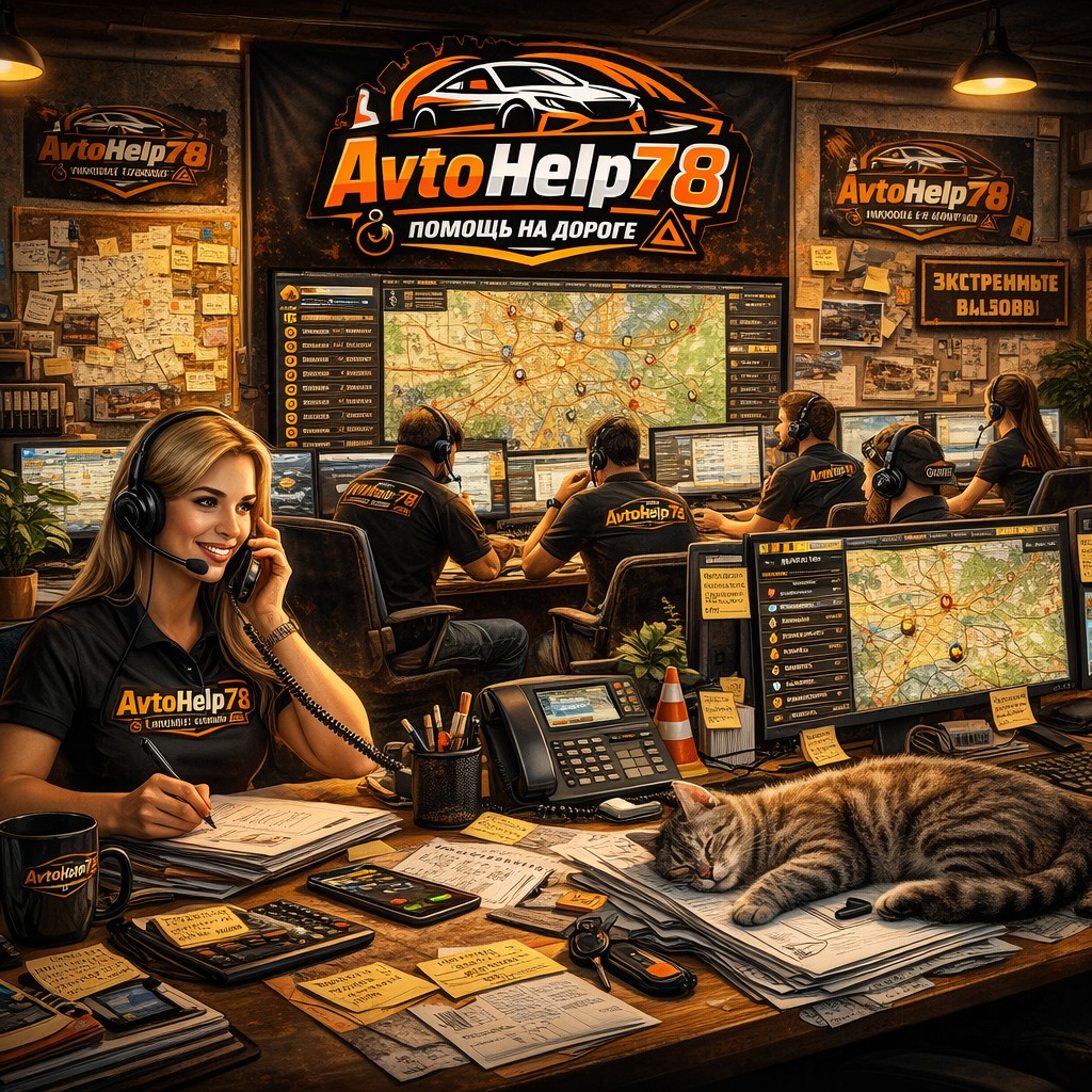 Диспетчерская AvtoHelp78: оператор на линии, мониторы с картами и координация выездов